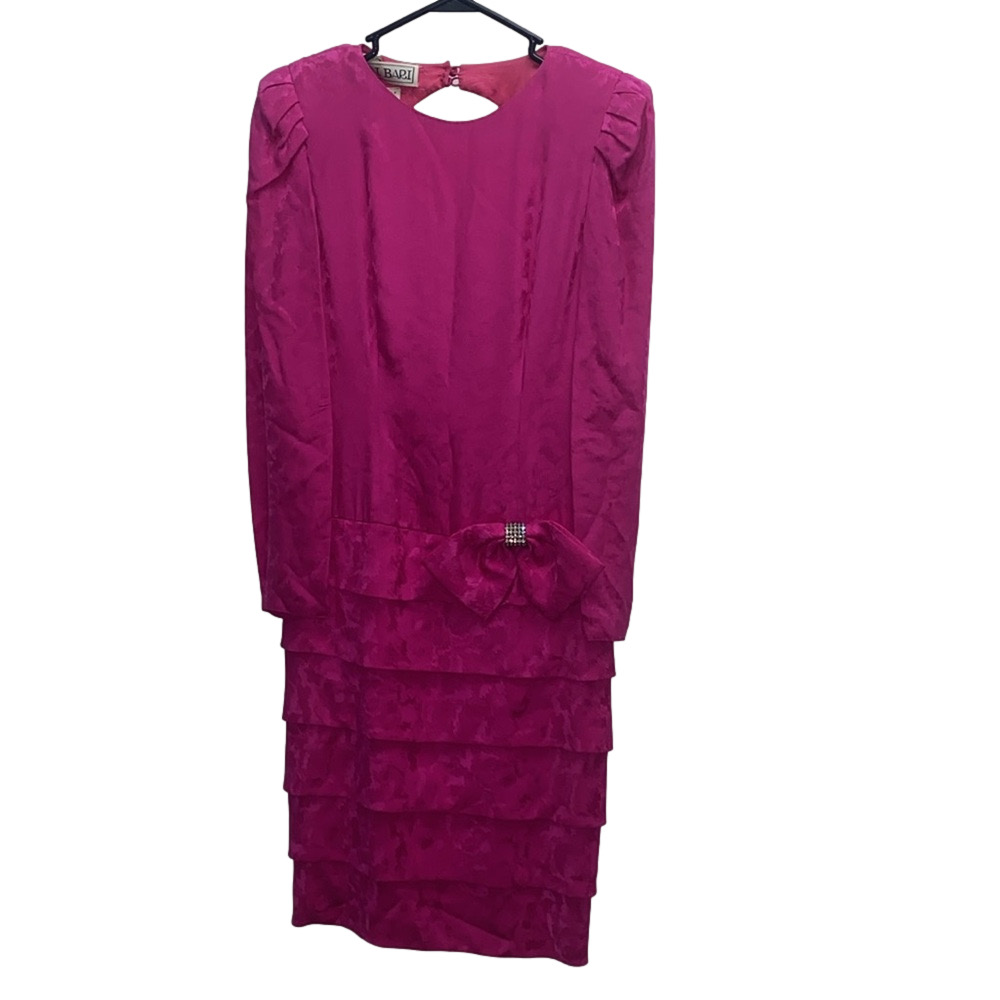 Vintage A.J. Bari 100% Silk Lined Fuchsia Pink Bow Tie Ruffle Dress Size 8 - Picture 2 of 15